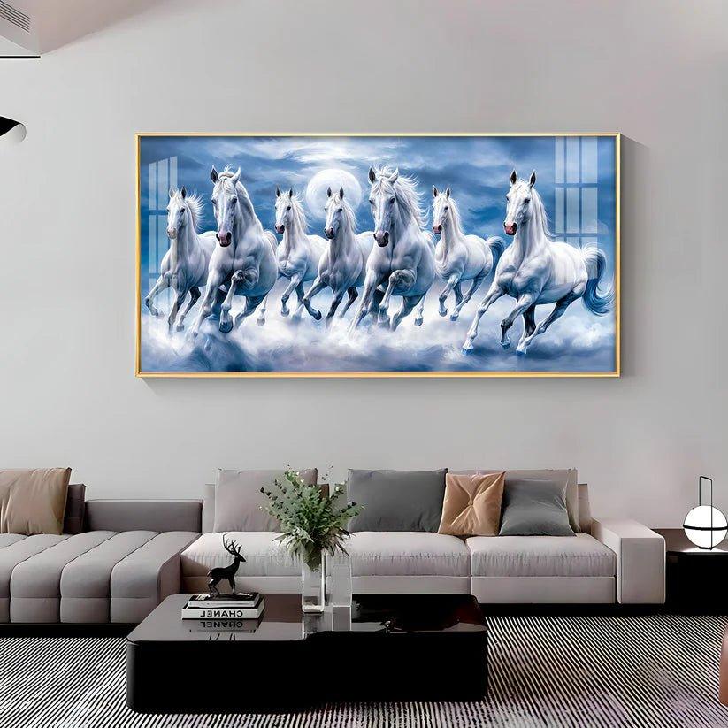 7 White Running Horses With Sunrise Premium Acrylic Floating Wall Painting - Decor Smart