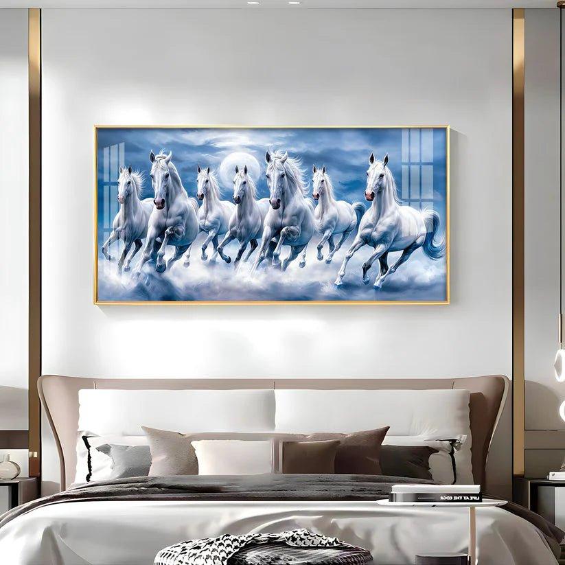 7 White Running Horses With Sunrise Premium Acrylic Floating Wall Painting - Decor Smart
