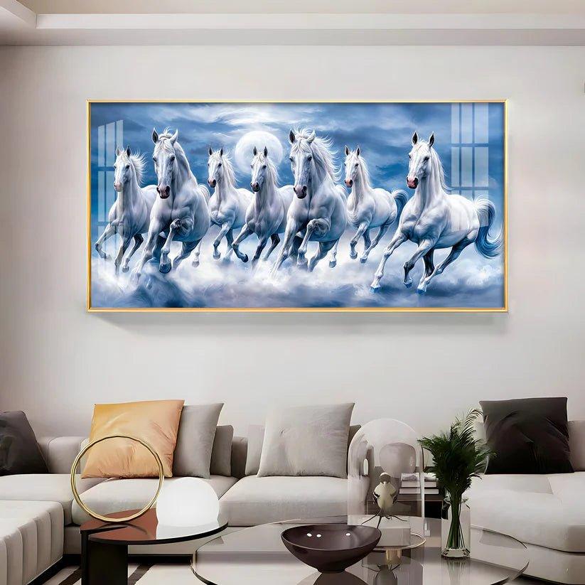 7 White Running Horses With Sunrise Premium Acrylic Floating Wall Painting - Decor Smart