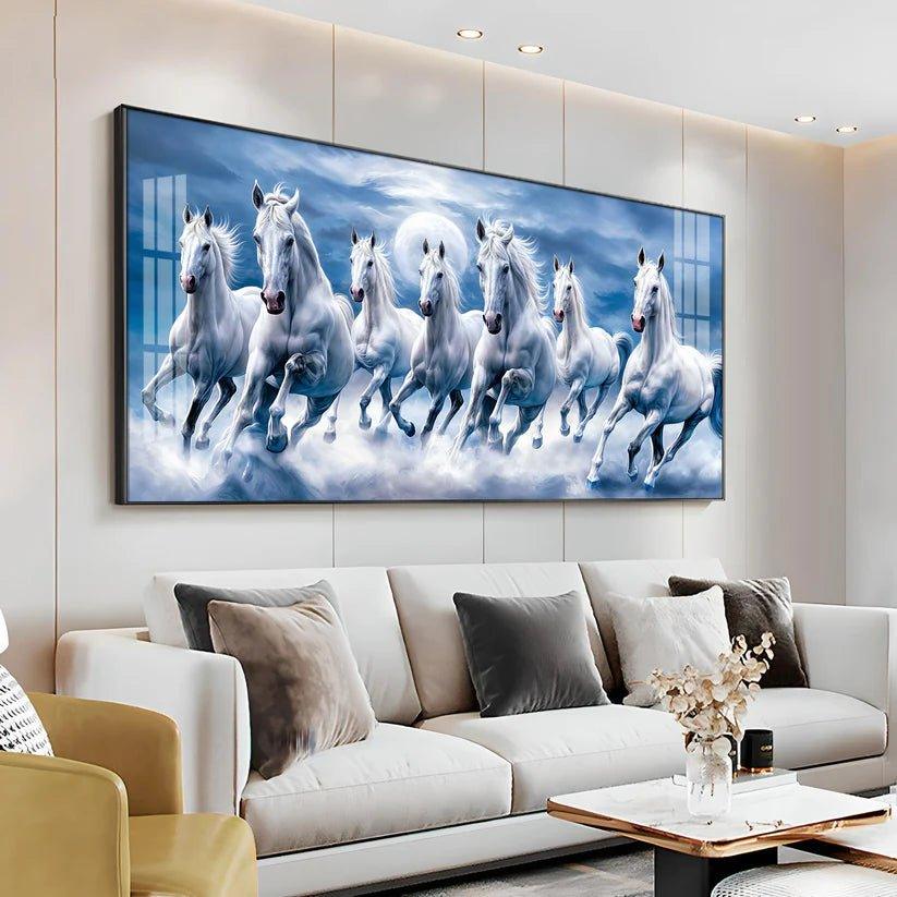 7 White Running Horses With Sunrise Premium Acrylic Floating Wall Painting - Decor Smart
