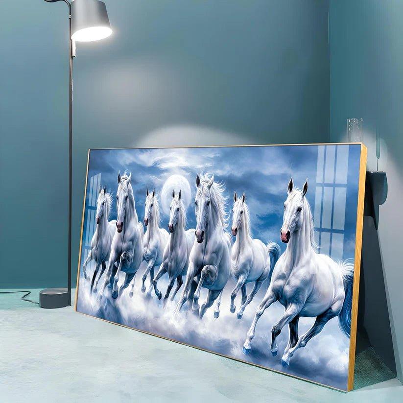 7 White Running Horses With Sunrise Premium Acrylic Floating Wall Painting - Decor Smart