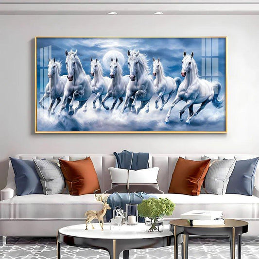 7 White Running Horses With Sunrise Premium Acrylic Floating Wall Painting - Decor Smart