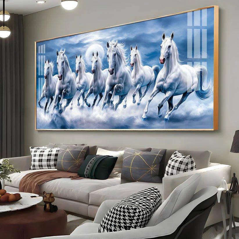 7 White Running Horses With Sunrise Premium Acrylic Floating Wall Painting - Decor Smart