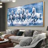 7 White Running Horses With Sunrise Premium Acrylic Floating Wall Painting - Decor Smart
