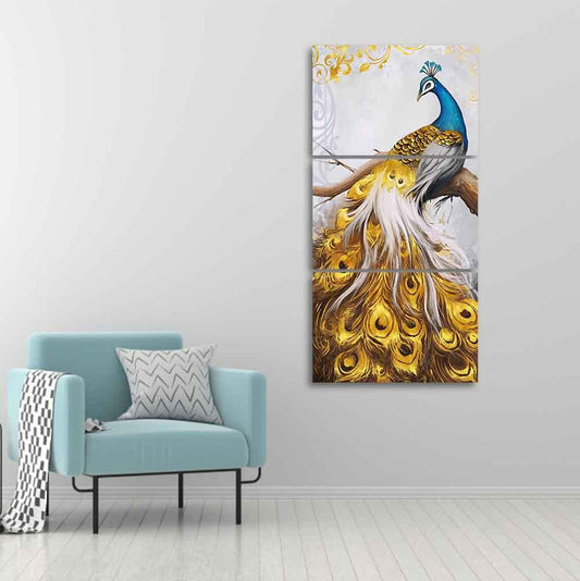 A Beautiful 3 Pieces Wall Painting of Golden Peacock - Decor Smart