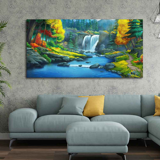 A Beautiful Scenery of Waterfall In Forest Canvas Wall Painting - Decor Smart