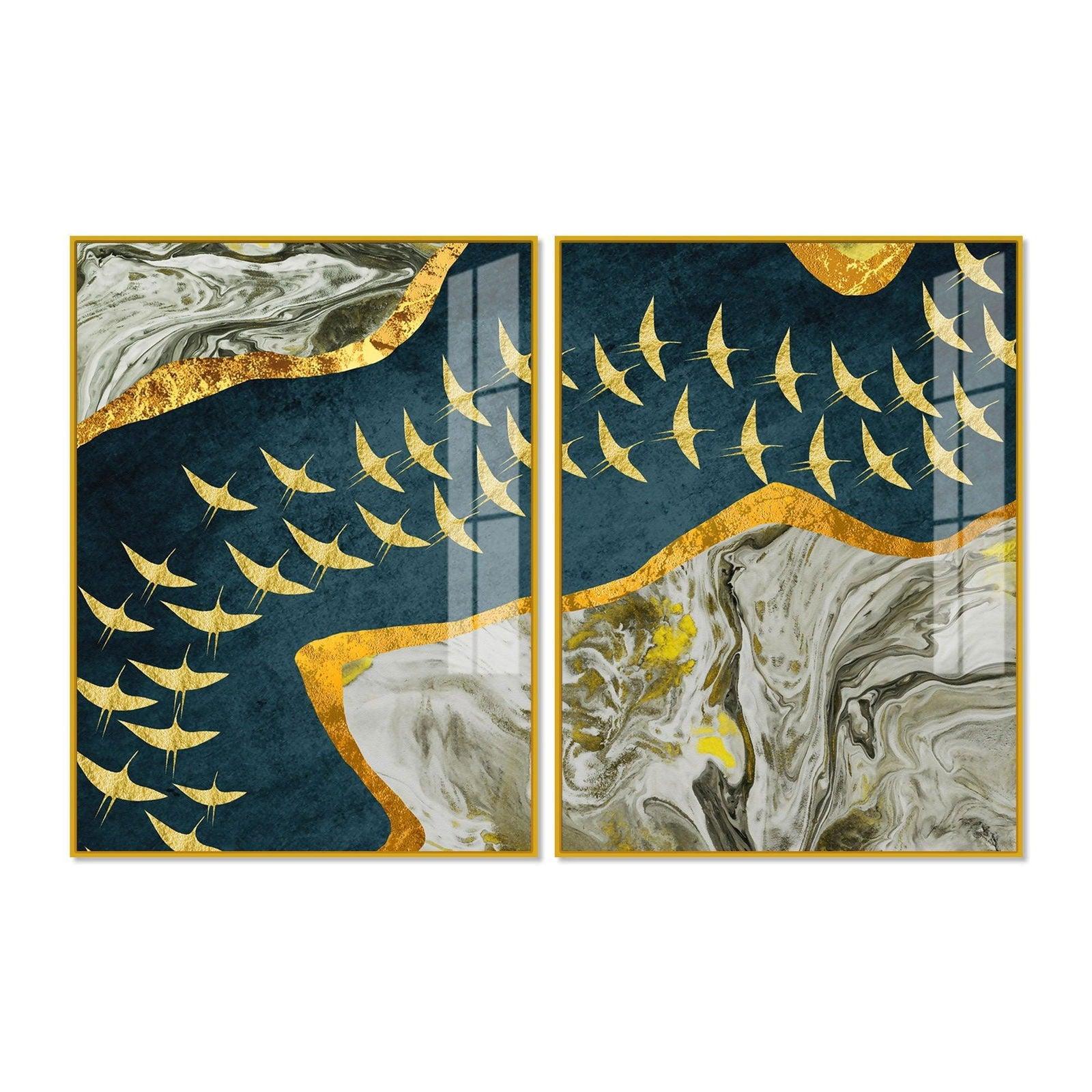 A Flock of Golden Birds Acrylic Floating Wall Painting Set of 2 - Decor Smart