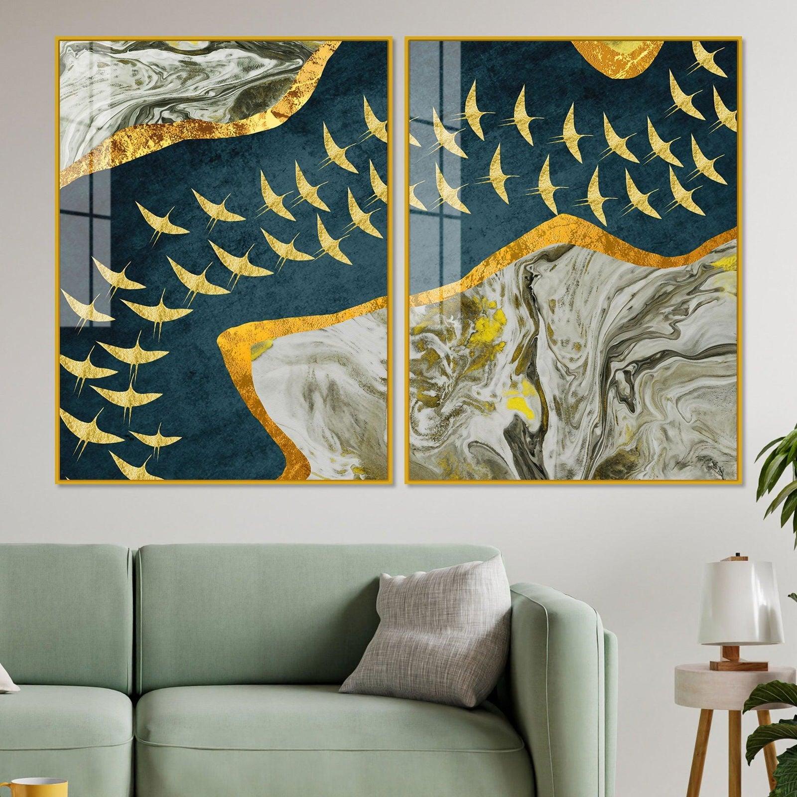 A Flock of Golden Birds Acrylic Floating Wall Painting Set of 2 - Decor Smart