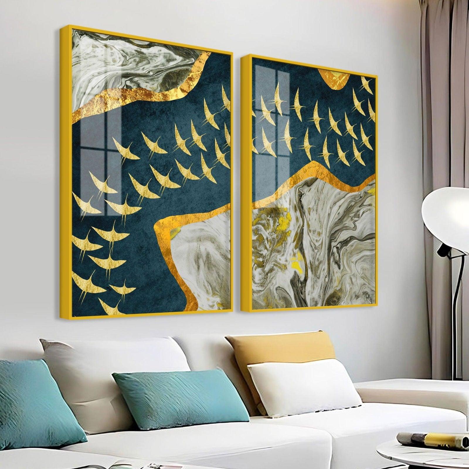 A Flock of Golden Birds Acrylic Floating Wall Painting Set of 2 - Decor Smart