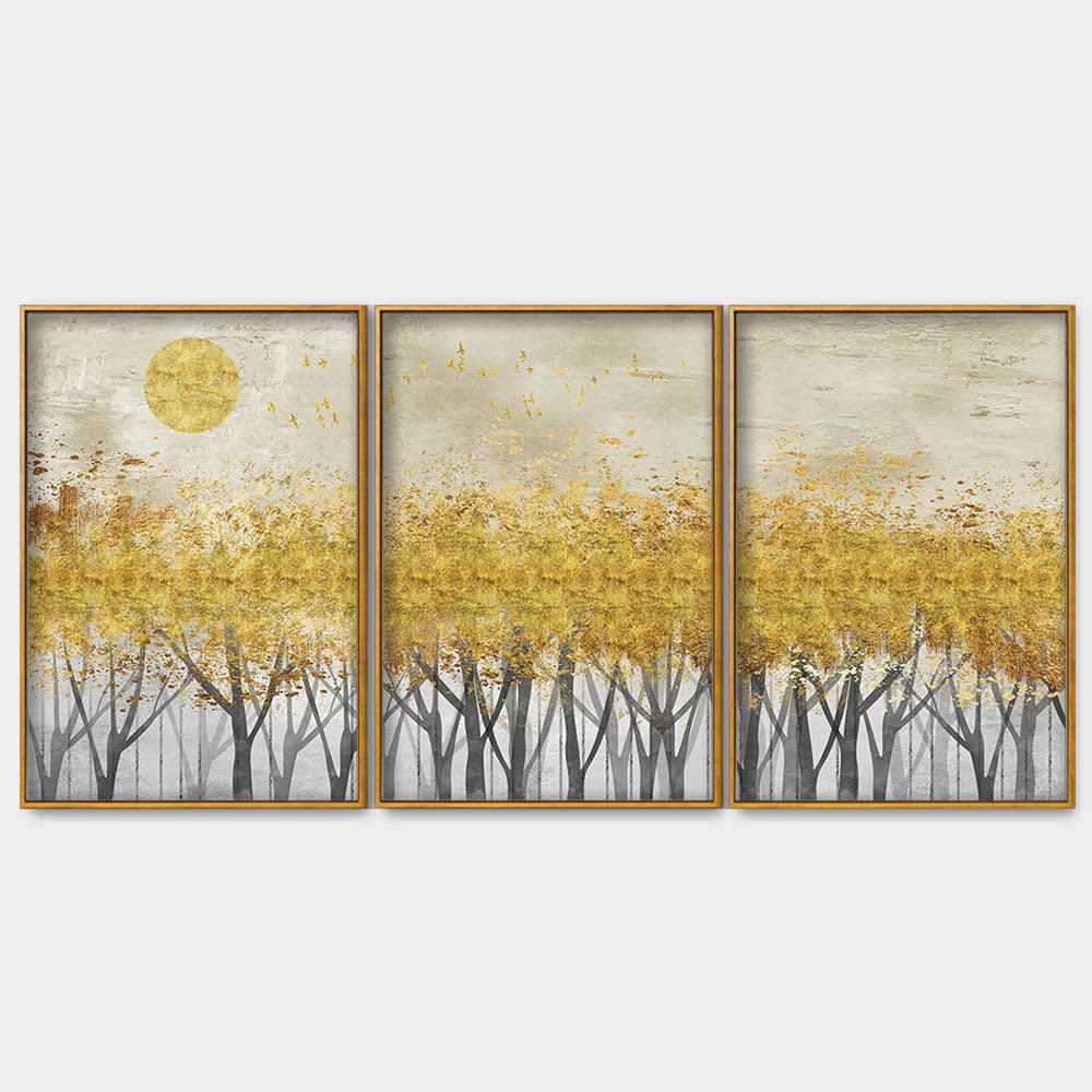 Abstract Forest Golden Leaf Art Premium Floating Canvas Wall Painting Set of Three - Decor Smart