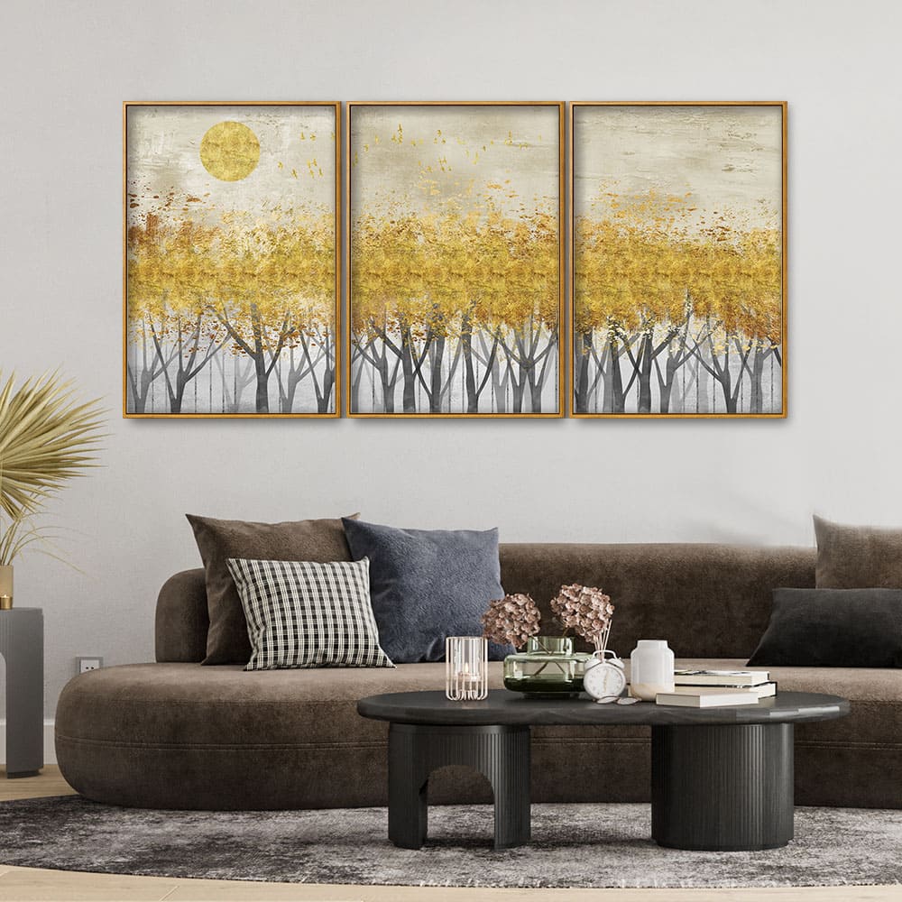 Abstract Forest Golden Leaf Art Premium Floating Canvas Wall Painting Set of Three - Decor Smart
