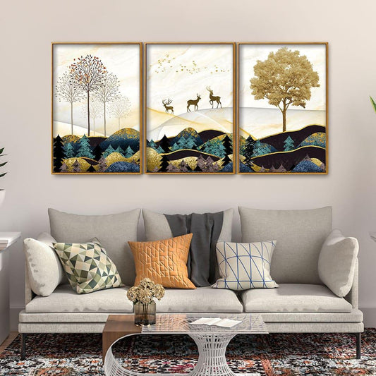 Abstract Golden Landscape Trees with Golden Deer Floating Canvas Wall Painting Set of Three - Decor Smart