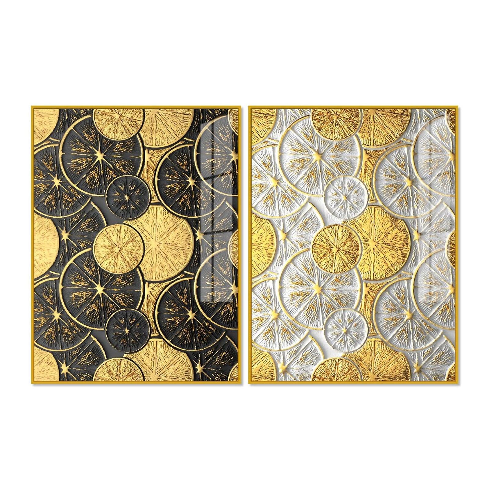 Abstract Golden Shapes Art Acrylic Floating Wall Painting Set Of 2 - Decor Smart