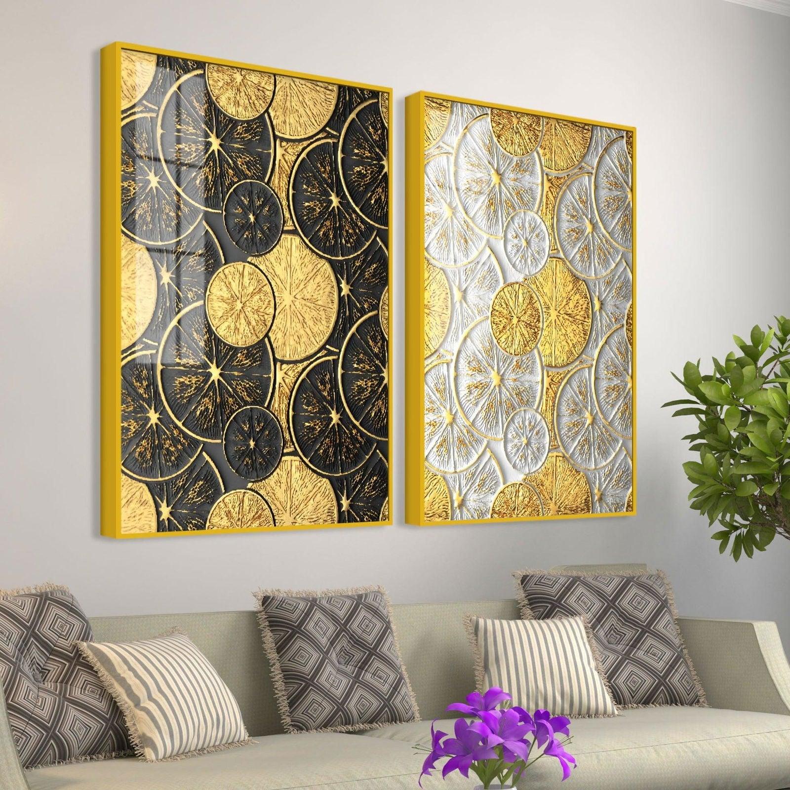 Abstract Golden Shapes Art Acrylic Floating Wall Painting Set Of 2 - Decor Smart