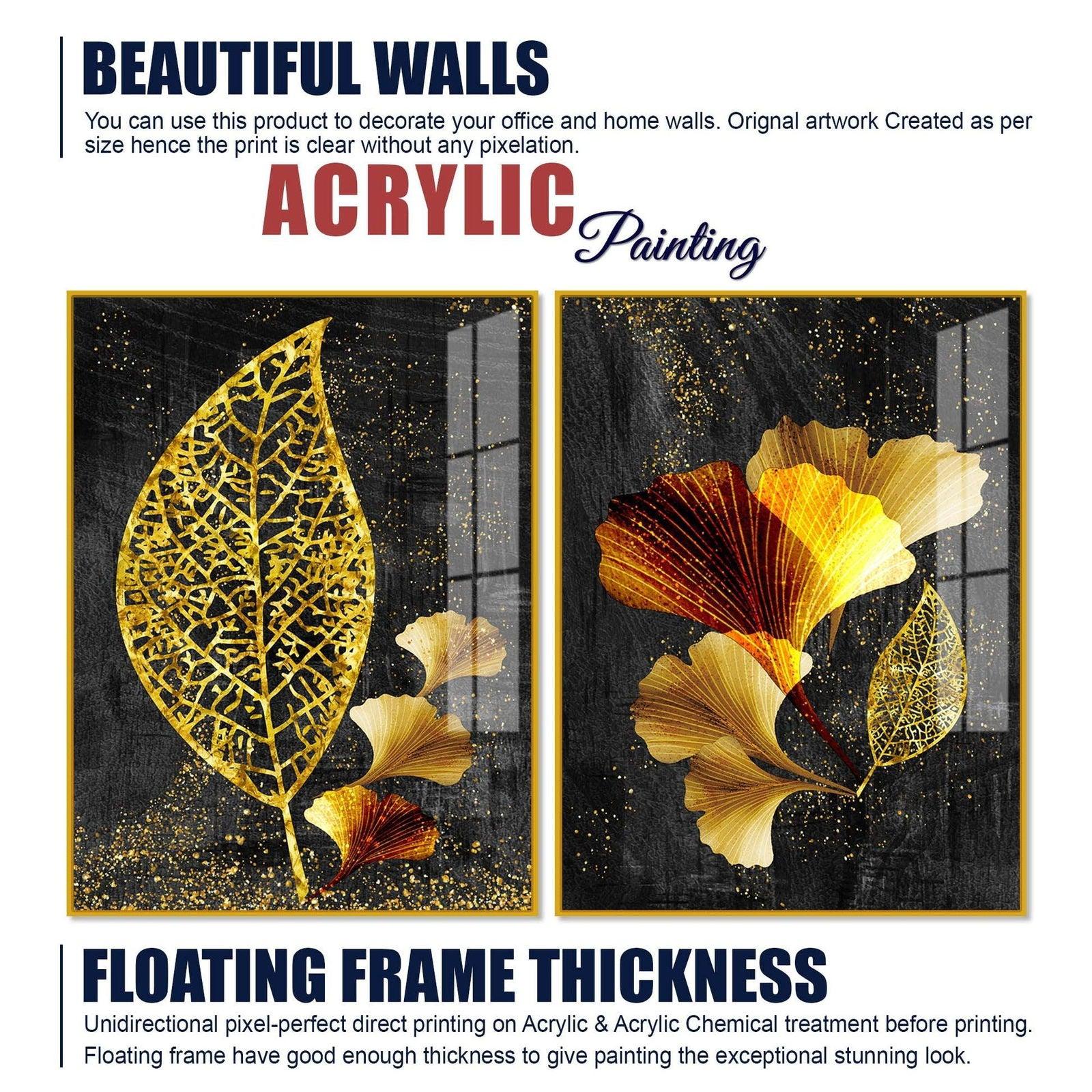 Abstract Golden Shiny Ginkgo Leaf Acrylic Floating Wall Painting Set Of 2 - Decor Smart