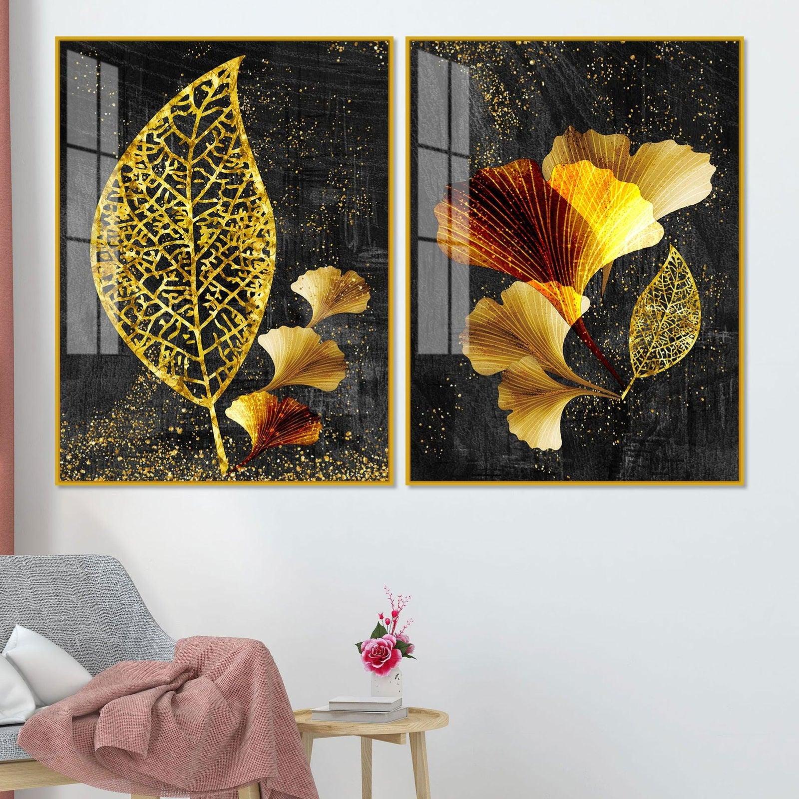 Abstract Golden Shiny Ginkgo Leaf Acrylic Floating Wall Painting Set Of 2 - Decor Smart