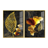Abstract Golden Shiny Ginkgo Leaf Acrylic Floating Wall Painting Set Of 2 - Decor Smart