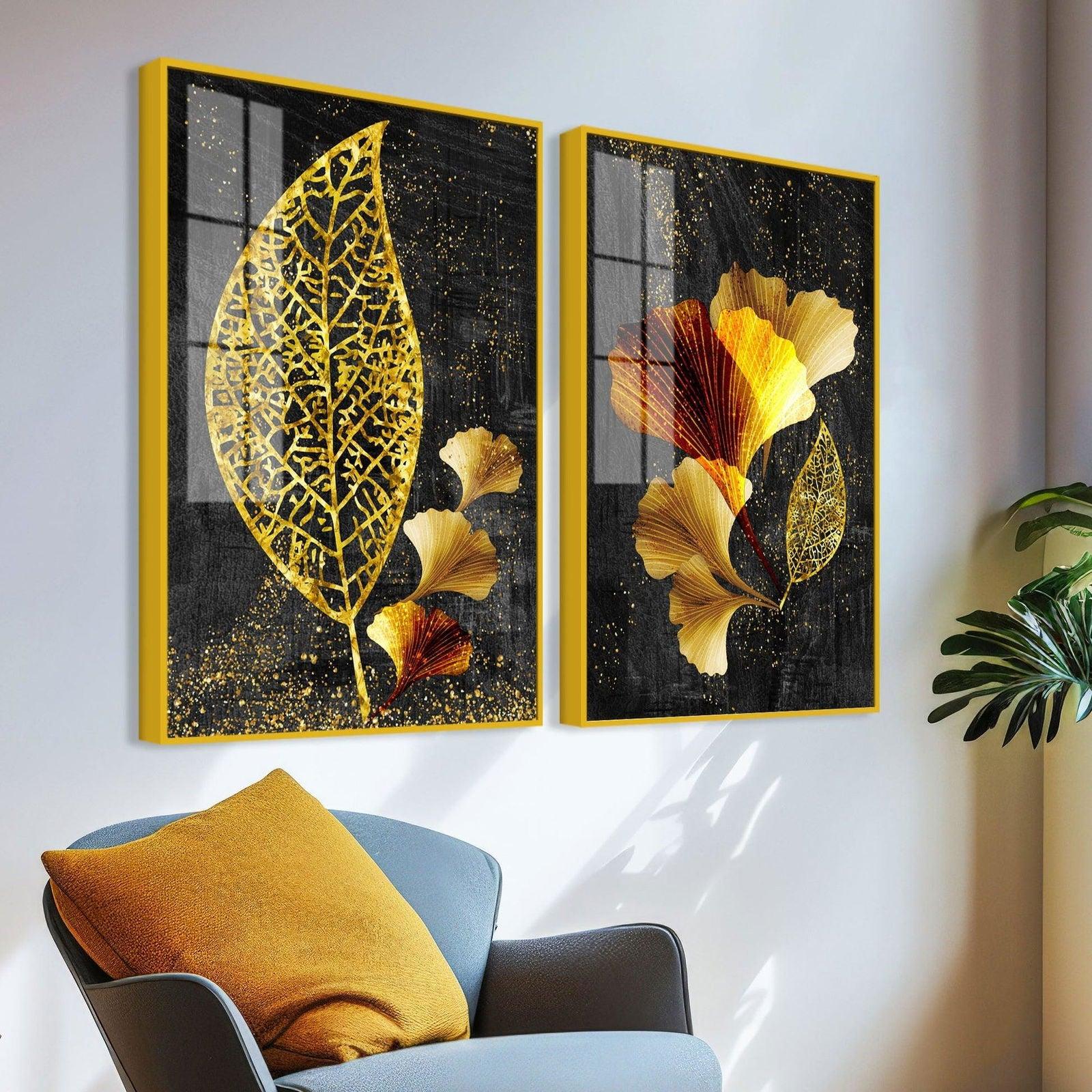 Abstract Golden Shiny Ginkgo Leaf Acrylic Floating Wall Painting Set Of 2 - Decor Smart
