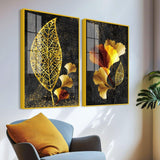 Abstract Golden Shiny Ginkgo Leaf Acrylic Floating Wall Painting Set Of 2 - Decor Smart