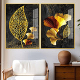 Abstract Golden Shiny Ginkgo Leaf Acrylic Floating Wall Painting Set Of 2 - Decor Smart