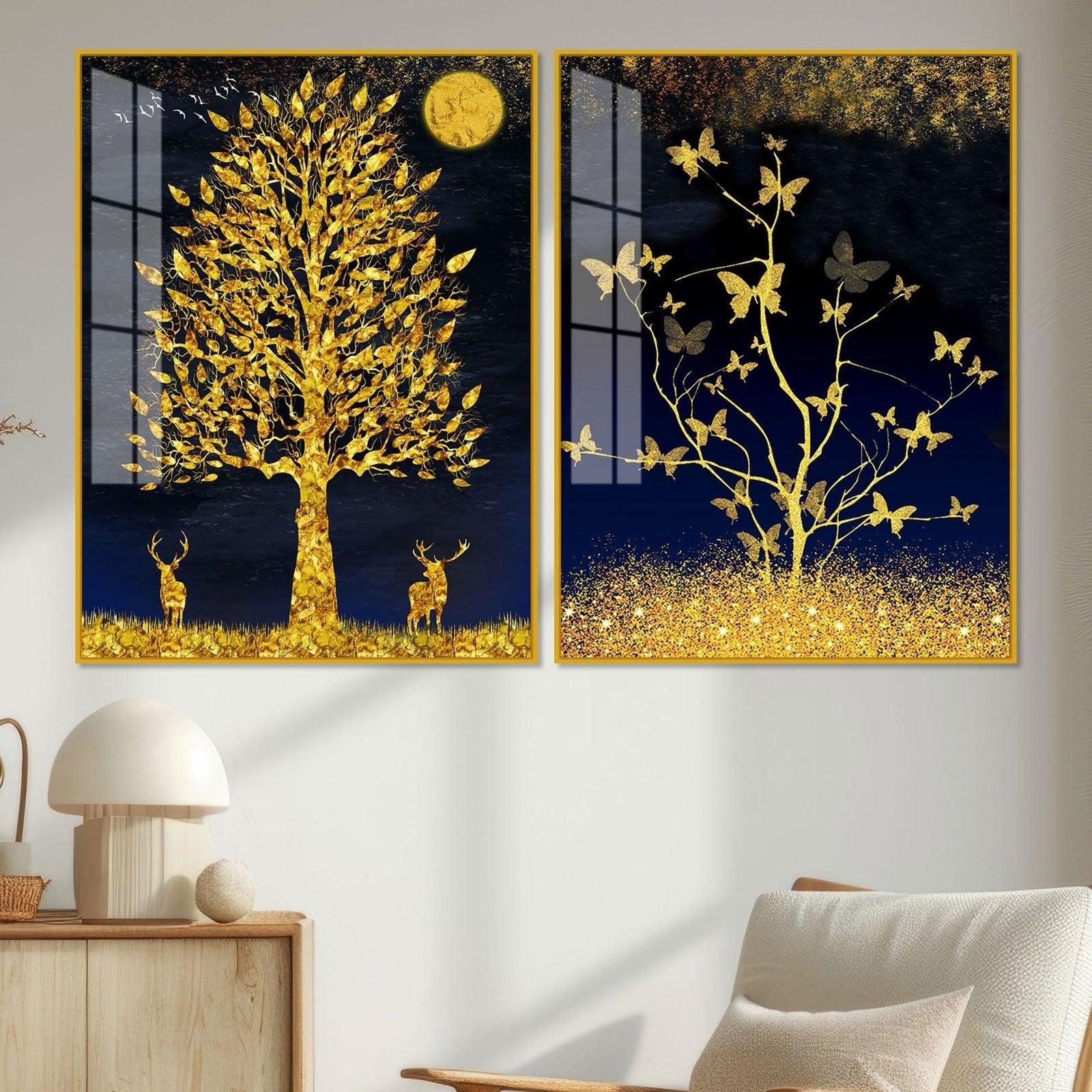 Abstract Golden Shiny Leaves Acrylic Floating Wall Painting Set Of 2 - Decor Smart