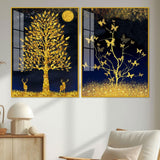Abstract Golden Shiny Leaves Acrylic Floating Wall Painting Set Of 2 - Decor Smart