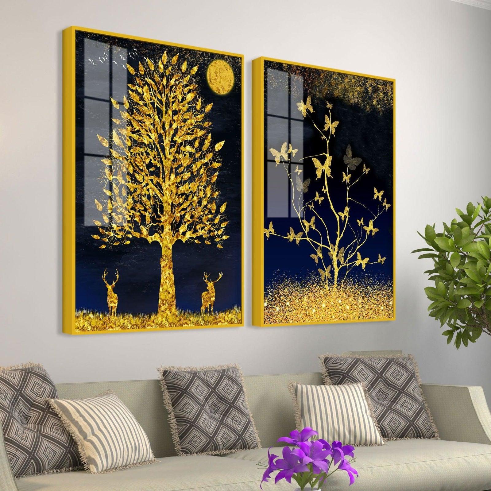Abstract Golden Shiny Leaves Acrylic Floating Wall Painting Set Of 2 - Decor Smart