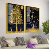 Abstract Golden Shiny Leaves Acrylic Floating Wall Painting Set Of 2 - Decor Smart