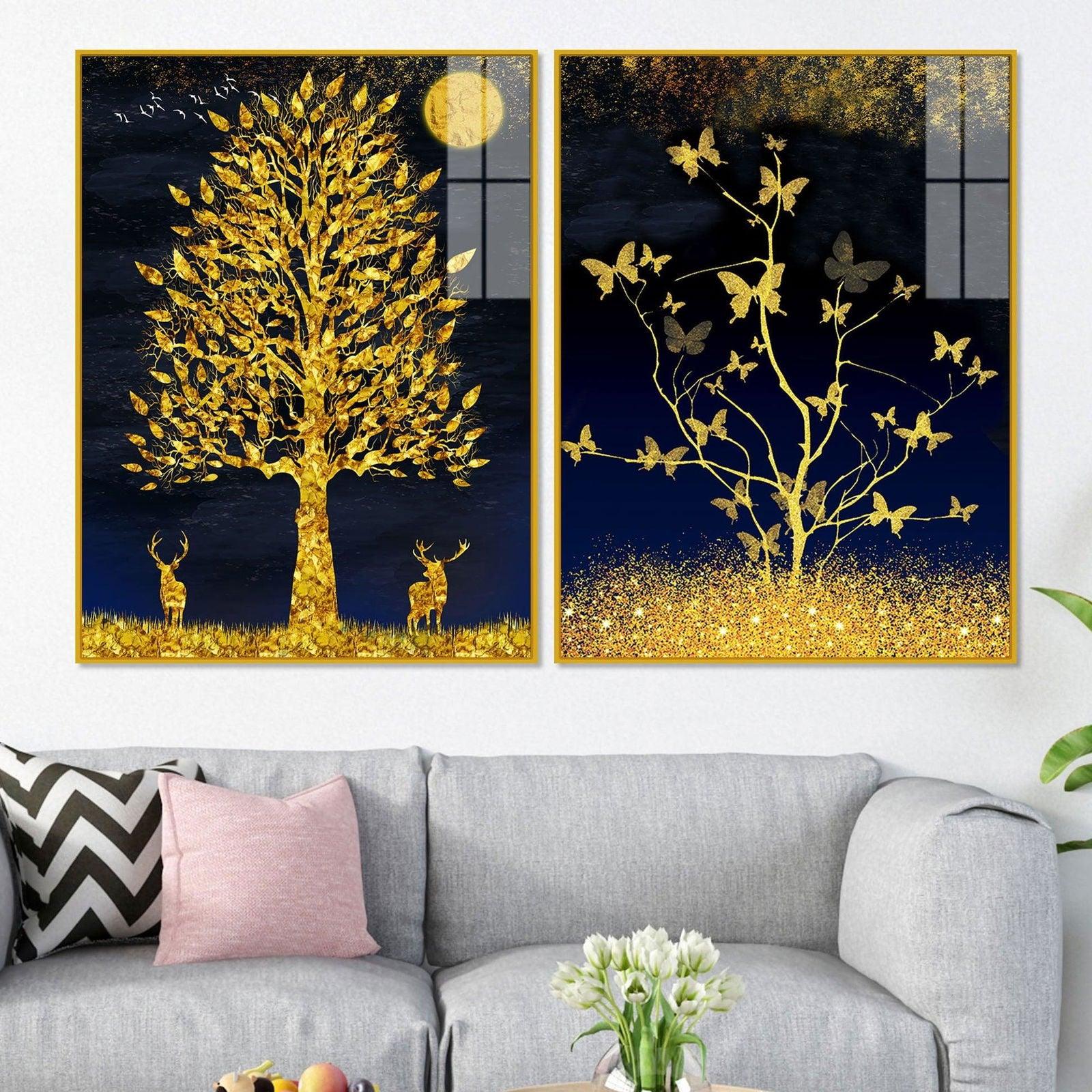Abstract Golden Shiny Leaves Acrylic Floating Wall Painting Set Of 2 - Decor Smart