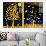 Abstract Golden Shiny Leaves Acrylic Floating Wall Painting Set Of 2 - Decor Smart