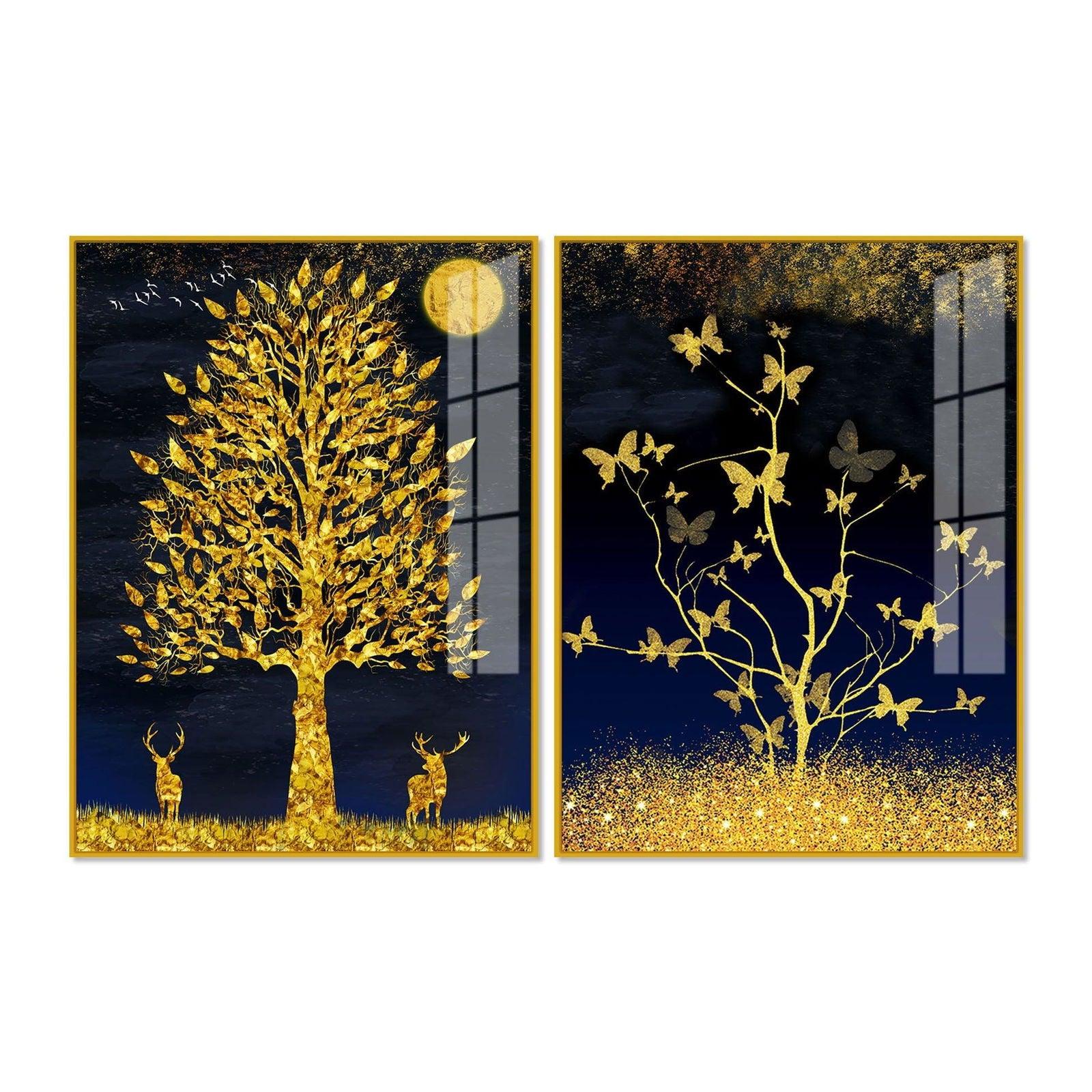 Abstract Golden Shiny Leaves Acrylic Floating Wall Painting Set Of 2 - Decor Smart