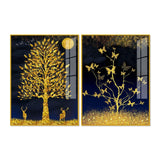 Abstract Golden Shiny Leaves Acrylic Floating Wall Painting Set Of 2 - Decor Smart