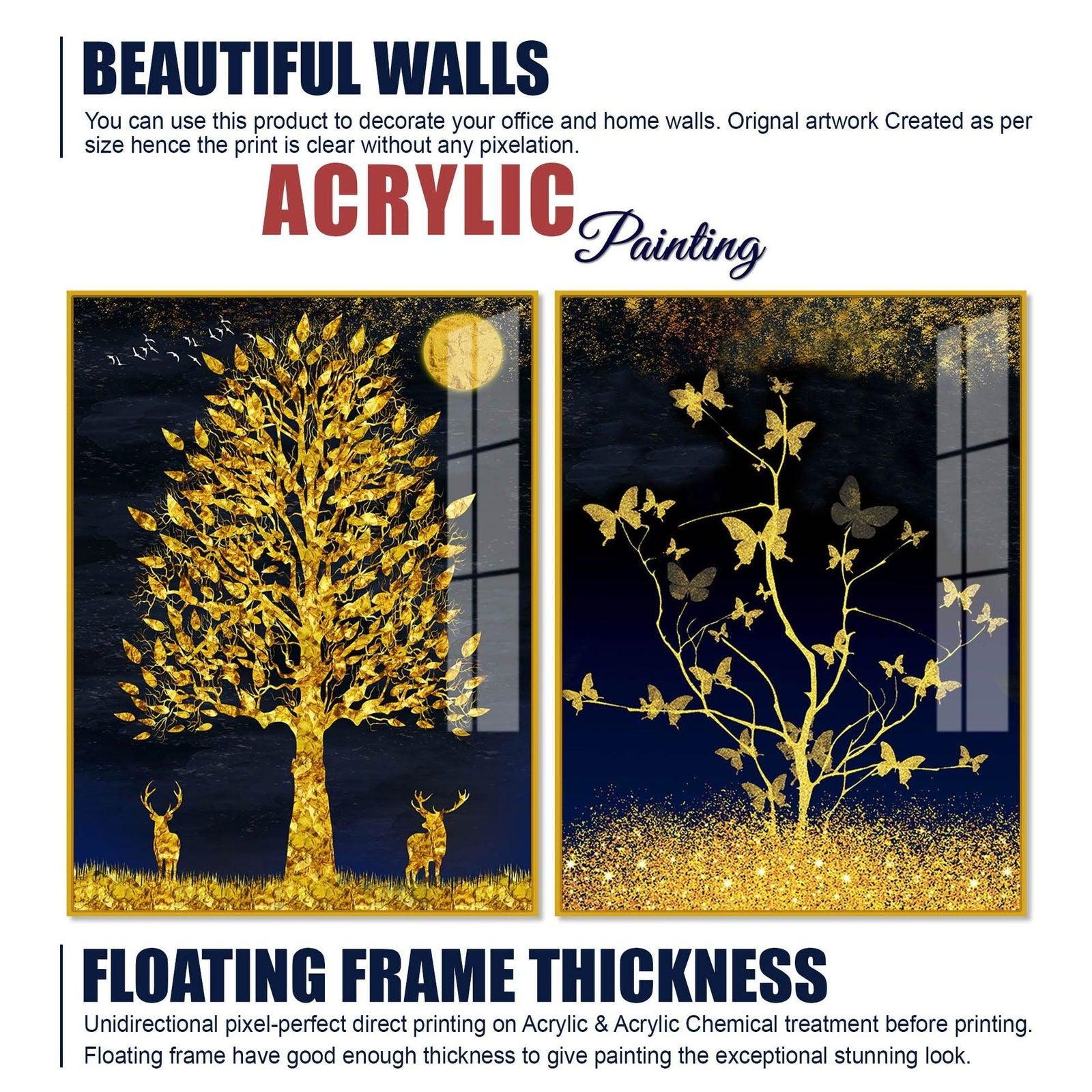 Abstract Golden Shiny Leaves Acrylic Floating Wall Painting Set Of 2 - Decor Smart