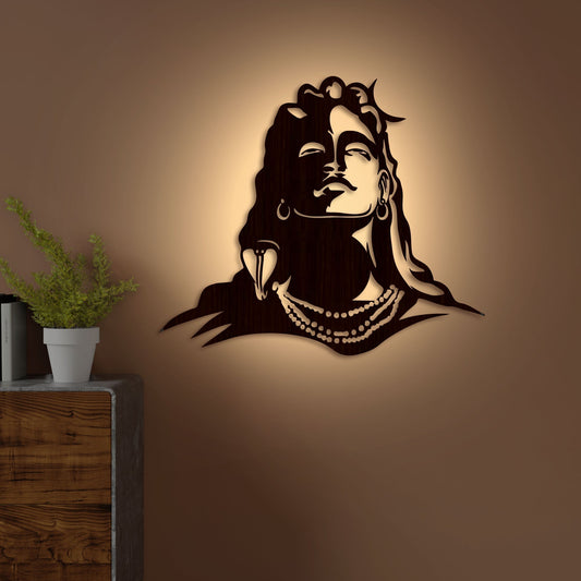 Adiyogi Lord Shiva Premium Backlit Design Wooden Wall Hanging with LED Night Light Walnut Finish - Decor Smart