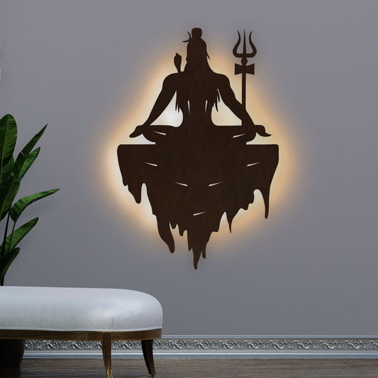 Adiyogi Mahakal Lord Shiva Premium Backlit Design Wooden Wall Hanging with LED Night Light Walnut Finish - Decor Smart