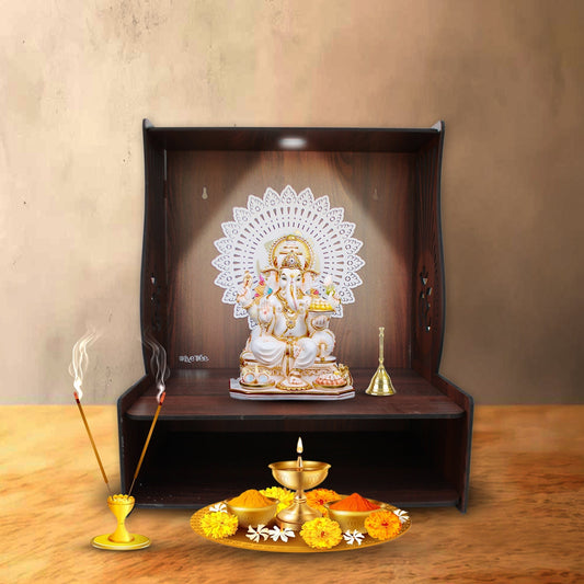 Aesthetic Space - Saving Wooden Temple for Home with Spacious Shelf & Inbuilt Focus Lights - Decor Smart