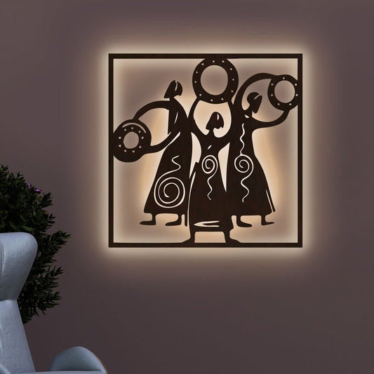 African Women Folk Dance Backlit Wooden Wall Decor with LED Night Light Walnut Finish - Decor Smart