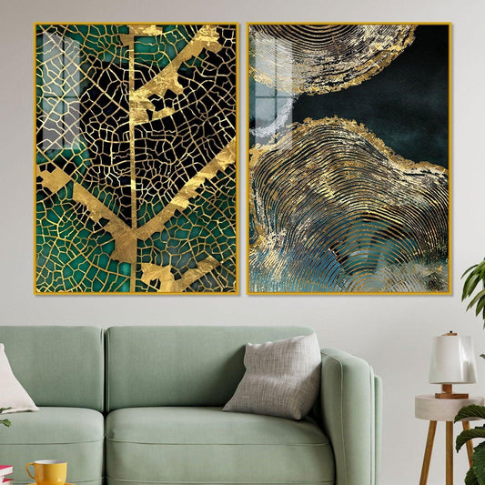 Amazing Golden Pattern Acrylic Floating Wall Painting Set of 2 - Decor Smart