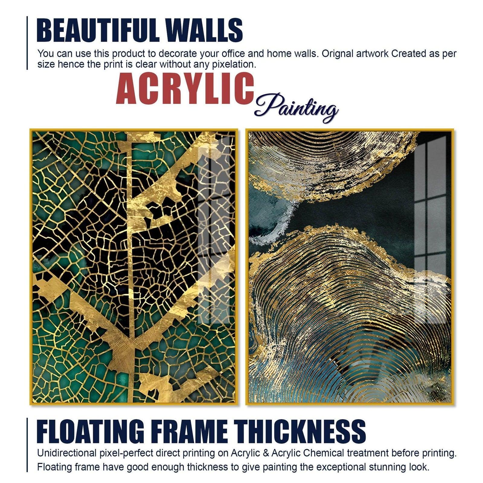 Amazing Golden Pattern Acrylic Floating Wall Painting Set of 2 - Decor Smart