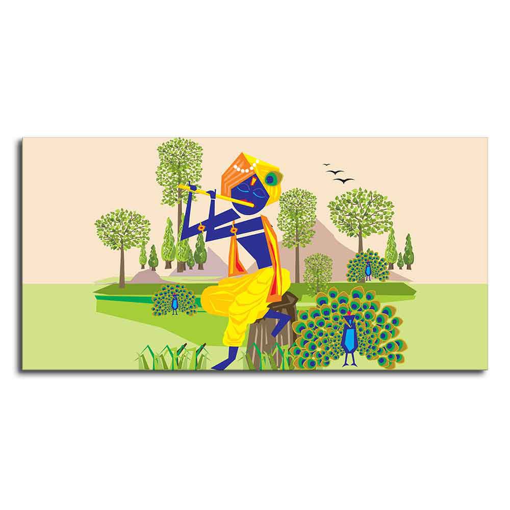 Animated Little Krishna With Flute Canvas Wall Painting - Decor Smart