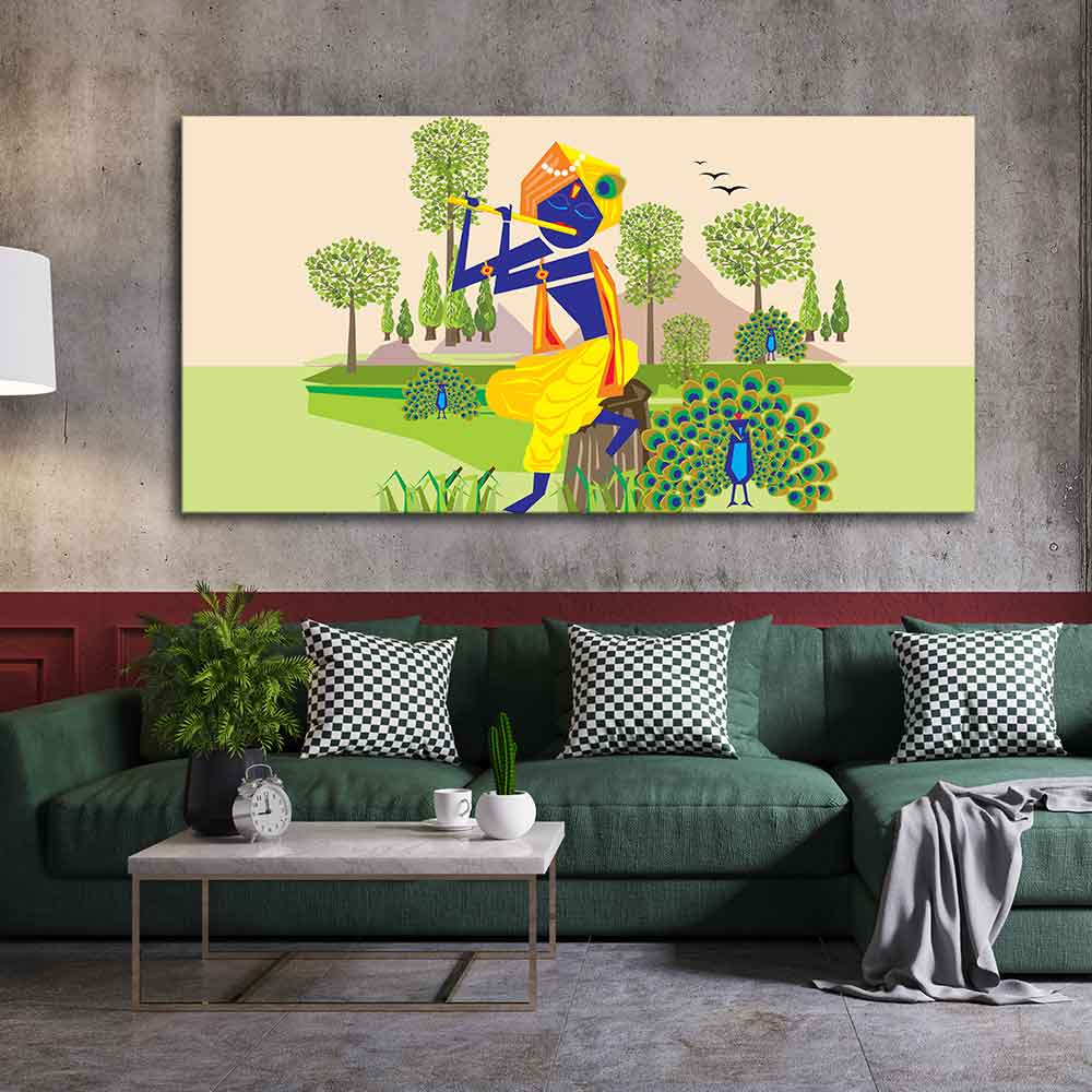 Animated Little Krishna With Flute Canvas Wall Painting - Decor Smart