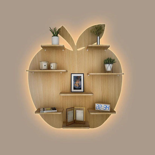 Apple Shape Backlit Designer Wooden Wall Shelf / Book Shelf / Night Light, Light Oak Finish - Decor Smart