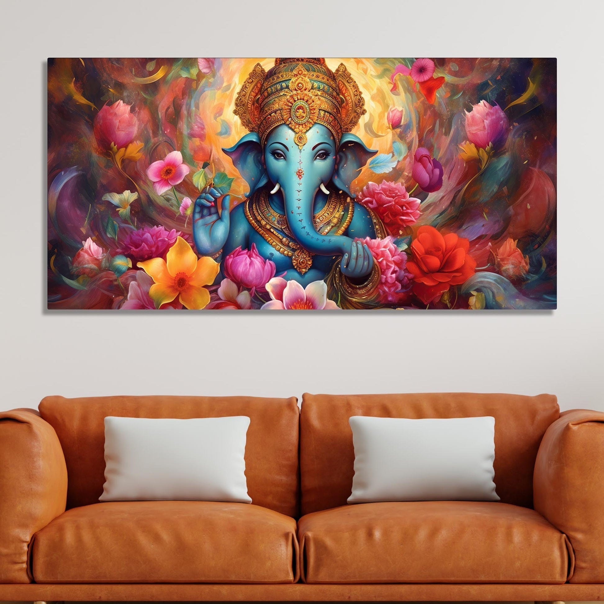 Auspicious Ganpati Floral Premium Canvas Wall Painting - Decor Smart