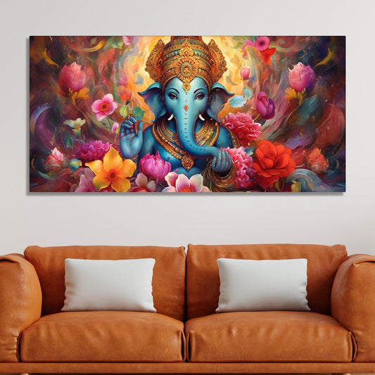 Auspicious Ganpati Floral Premium Canvas Wall Painting - Decor Smart