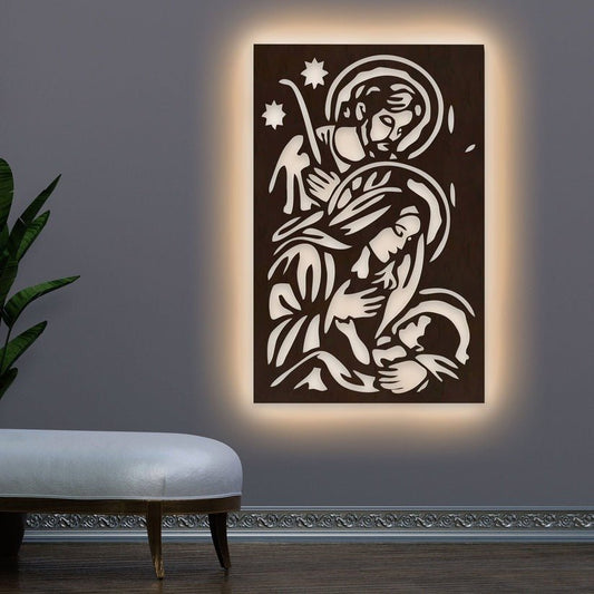 Baby Jesus Virgin Mary Joseph Holy Family Backlit Wooden Wall Hanging with LED Night Light Walnut Finish - Decor Smart