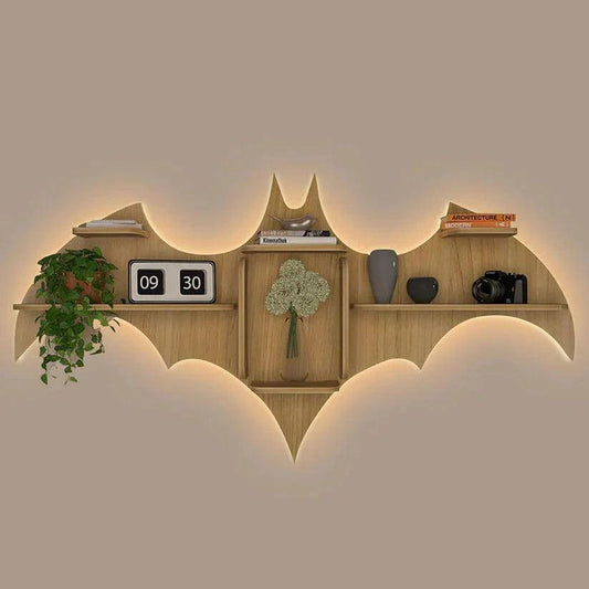 Bat Shape Backlit Designer Wooden Wall Shelf Book Shelf Night Light, Light Oak Finish - Decor Smart