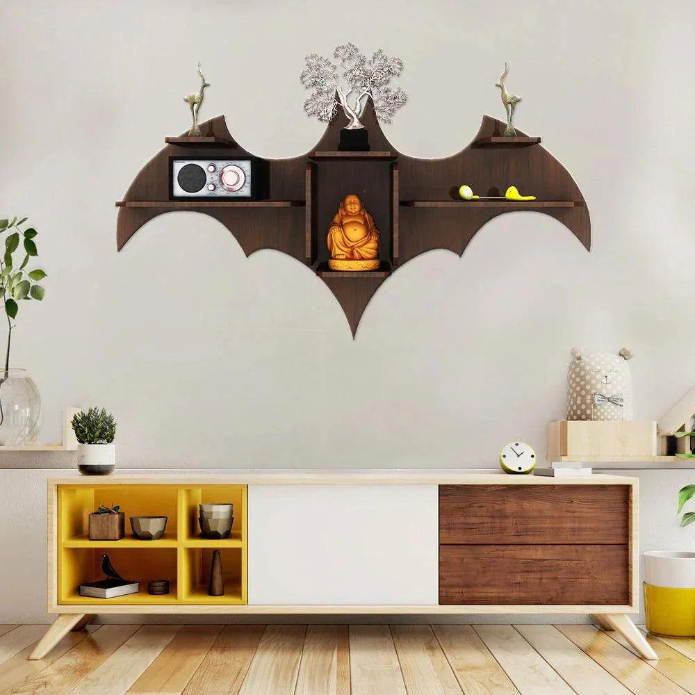 Bat Shape Backlit Designer Wooden Wall Shelf Book Shelf Night Light, Walnut Finish - Decor Smart