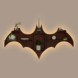 Bat Shape Backlit Designer Wooden Wall Shelf Book Shelf Night Light, Walnut Finish - Decor Smart
