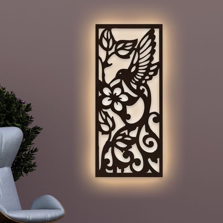 Beautiful Bird with Flower Backlit Wooden Wall Hanging with LED Night Light Walnut Finish - Decor Smart