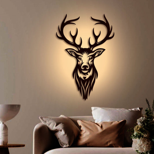 Beautiful Deer Head Premium Backlit Wooden Wall Hanging with LED Night Light Walnut Finish - Decor Smart